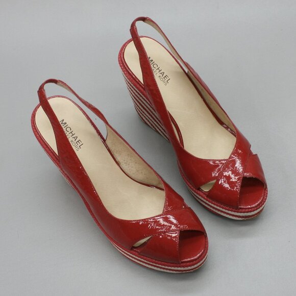 Michael Kors Ladies 10 Red Patent Leather Peep-toe Platform Wedge Heels Shoes - Picture 6 of 12